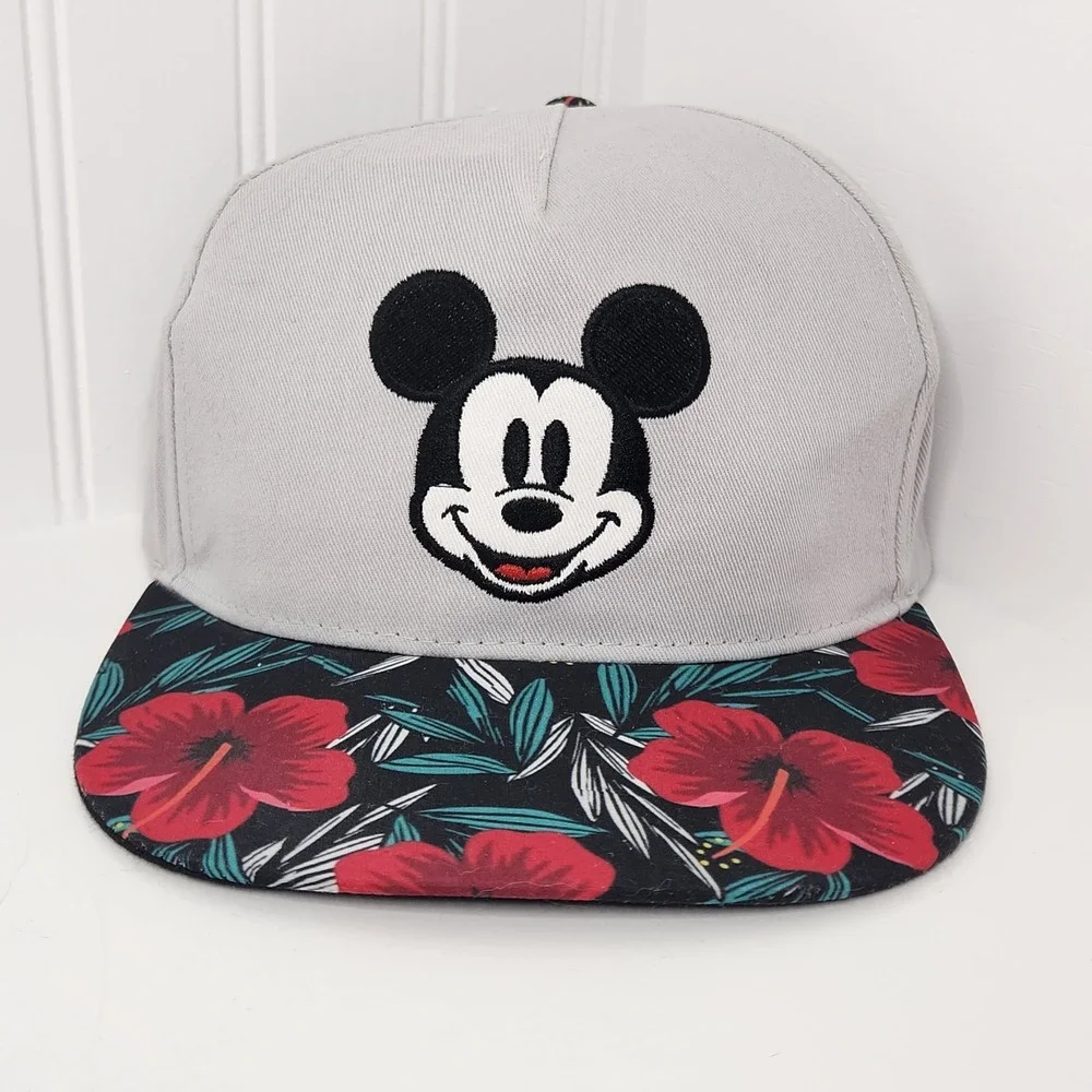 Disney Mickey Mouse Hat Mens OSFM Gray Red Floral Tropical Snapback Baseball Cap
